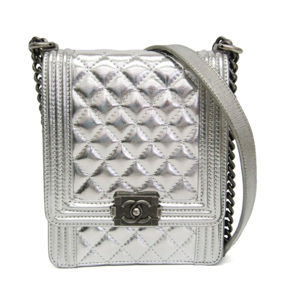 Chanel North South Boy Flap Quilted Metallic Calfskin Silver Leather Shoulder